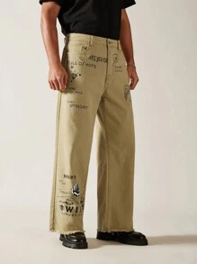 Manfinity VCAY Jeans évasés pour hommes avec imprimé floral et slogan - Kaki - Voir 4