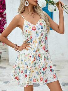 SHEIN VCAY 花卉印花度假風格女士吊帶長裙