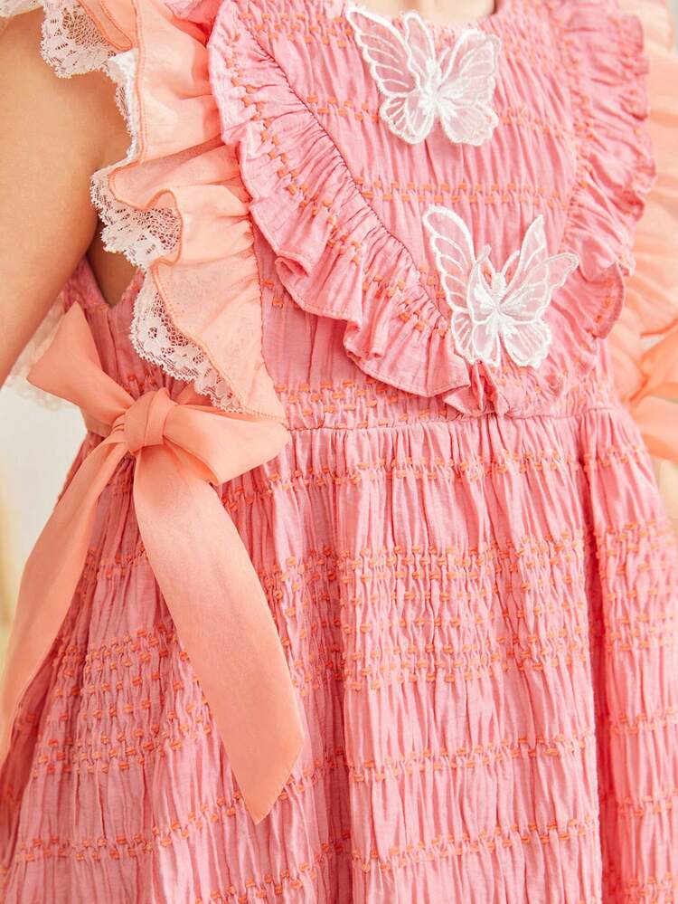 Young Girls' Loose Casual Round Neck Dress With Ruffle Hem And 3d Butterfly Decoration