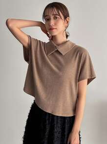 FRIFUL Quý cô Màu thuần Collared Ngắn tay Áo thun - Lạc đà - Xem 1