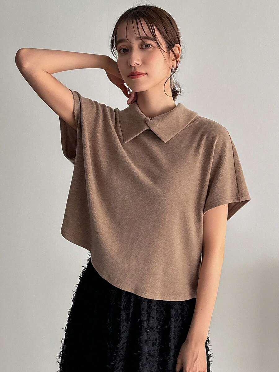 FRIFUL Quý cô Màu thuần Collared Ngắn tay Áo thun - Lạc đà - Xem 1