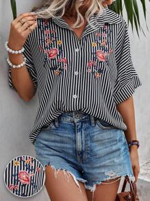 SHEIN LUNE Áo sơ mi nữ Nút phía trước Thêu Hoa Sọc Giải trí - Đen và trắng - Xem 1