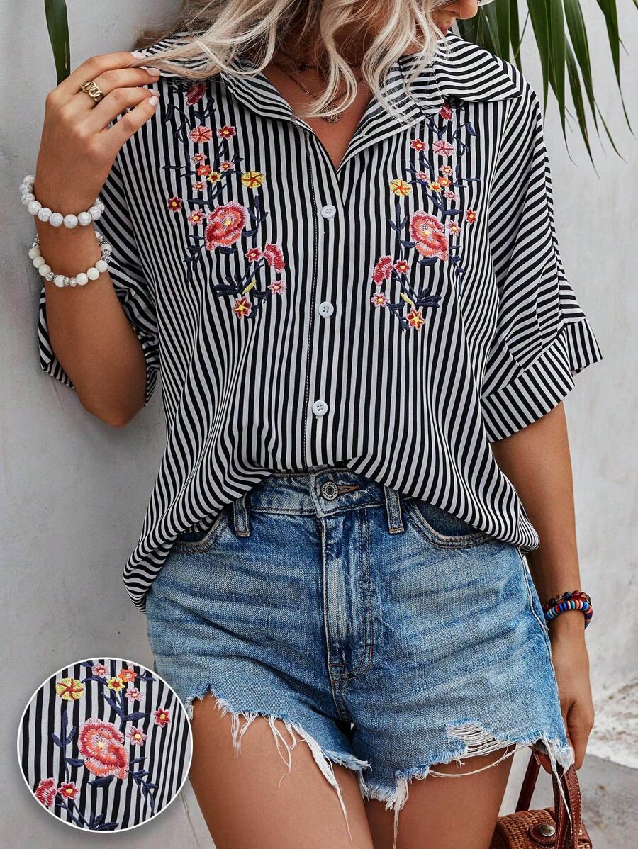 SHEIN LUNE Áo sơ mi nữ Nút phía trước Thêu Hoa Sọc Giải trí - Đen và trắng - Xem 1