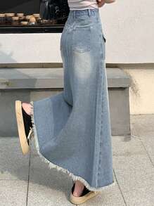 DAZY Women's Denim Skirt With Frayed Hem And Pocket Design - Blue - View 2
