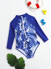 Baby Girl Tropical Printed Rash Guard One Piece Swimsuit With Zipper Front And Long Sleeves - Multicolor - View 1