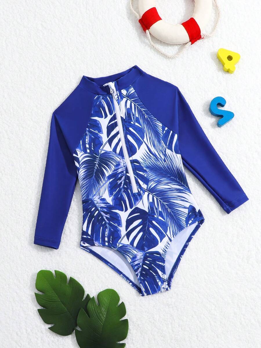 Baby Girl Tropical Printed Rash Guard One Piece Swimsuit With Zipper Front And Long Sleeves - Multicolor - View 1