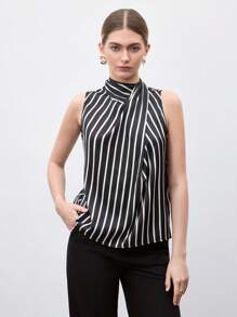 BizChic Women's Striped Asymmetrical Collar Tie Back Crop Top