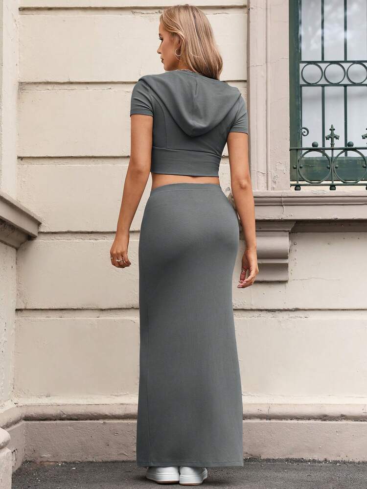 Women's Grey Knitted Zip Front Short Sleeve Hoodie And Bodycon Skirt Set