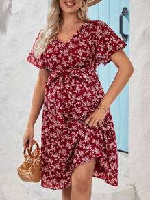 SHEIN Maternity Ditsy Floral Print Batwing Sleeve Dress - Red - View 4