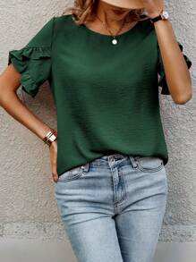 SHEIN Clasi Solid Ruffle Trim Petal Sleeve Blouse - Dark Green - View 5