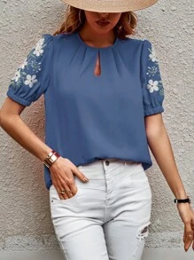 SHEIN LUNE 印花鎖眼領泡泡袖襯衫 - 霧霾藍 - 查看 3