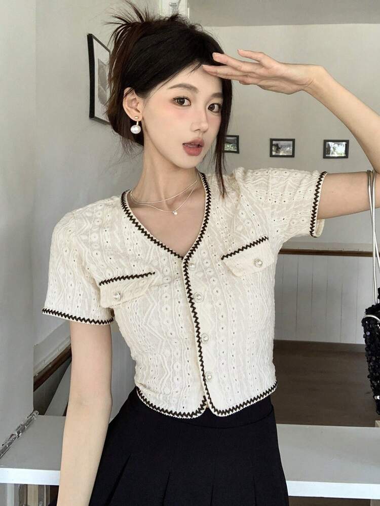 V-Neck Short Sleeve Color Block Top With Front Button,Crop Tops Women