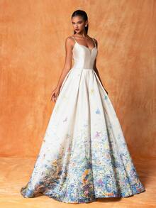 Của phụ nữ In Dài Cao-kết thúc Và Thanh lịch Phong cách Dây đeo Đầm dạ hội - Rượu sâm banh - Xem 6