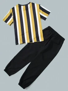 SHEIN Tween Boy Casual Striped Top And Long Pants Two-Piece Set For Comfort - Yellow - View 2