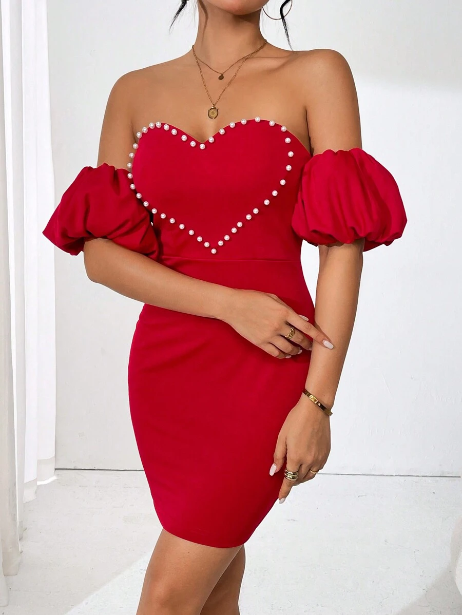 Chiquease Ladies' Bodycon Off Shoulder Dress With Beaded Heart Detail - Burgundy - View 1