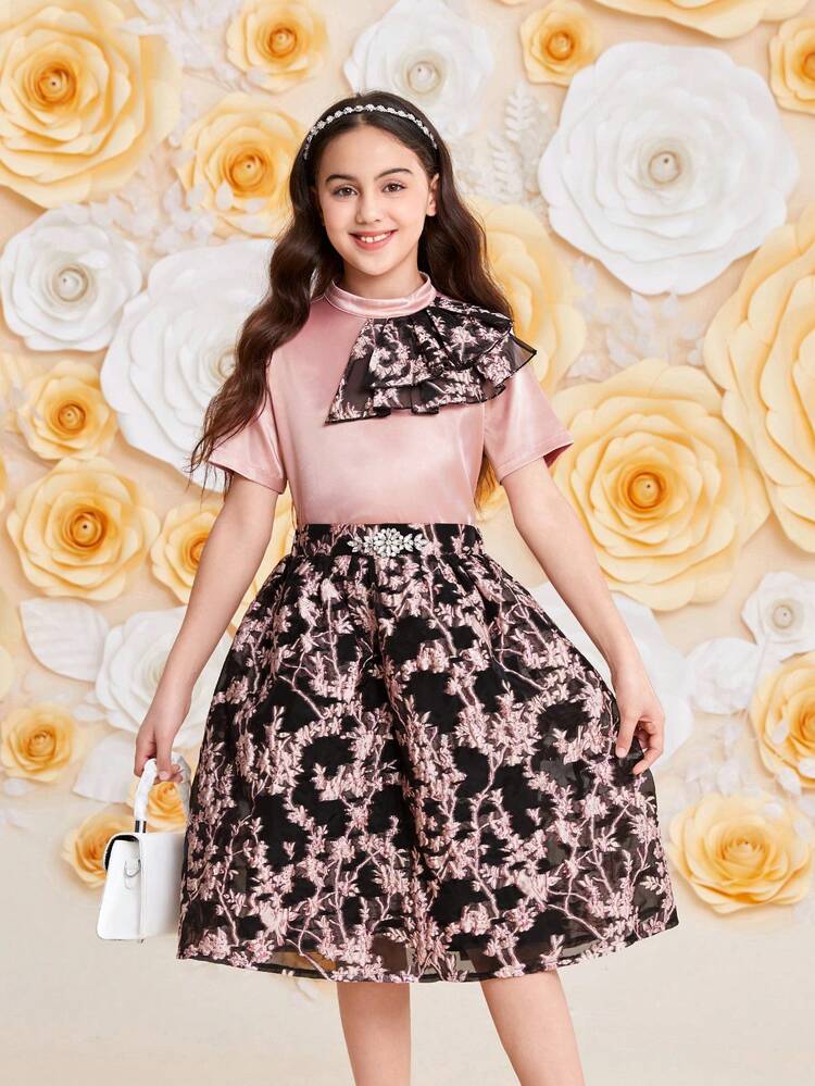 Tween Girls' Matching Set Delicate Stand Collar Shirt And Jacquard A-Line Skirt With Ruffle Hem