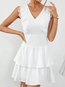SHEIN Privé 婚紗蕾絲拼接雙層裙擺連身裙 - 白色 - 查看 5