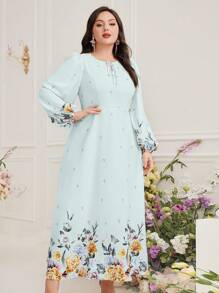 Mulvari Plus Size Floral Print Lantern Sleeve Dress