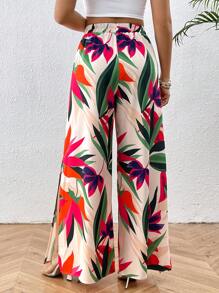 Breezaya Pantalon Large À Imprimé De Plantes À Taille Élastique Avec Fente Latérale - Vert - Voir 2