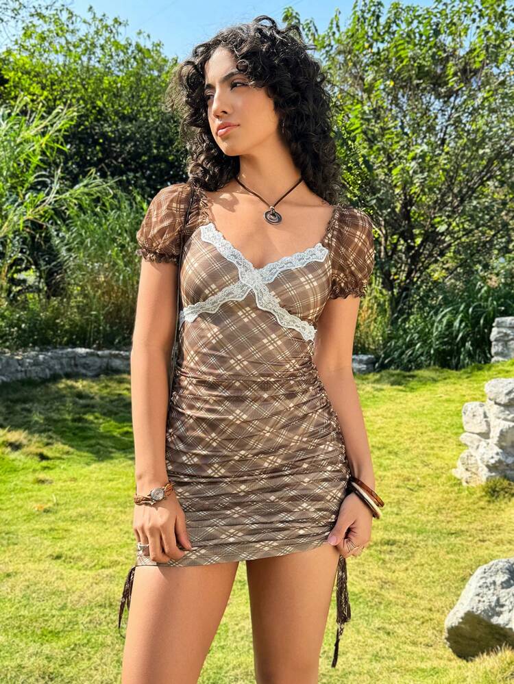 Hippie Ladies' Plaid Puff Sleeve Dress With Lace Trim