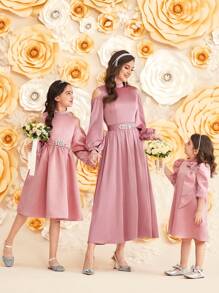 SHEIN Tween Girl Rhinestone Trim Stand Collar Cutout Shoulder Dress - Pink - View 4