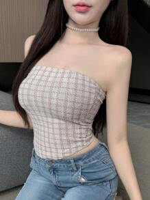 DAZY Top senza spalline a quadri per donna, top crop sexy, top per donna, abbigliamento per il ritorno a scuola, top per uscire, top tubo - Bianco - Visualizzare 6