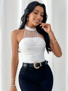 SHEIN Privé HEN PARTY Women's Mesh Contrast Halter Knitted Top - Beige - View 6