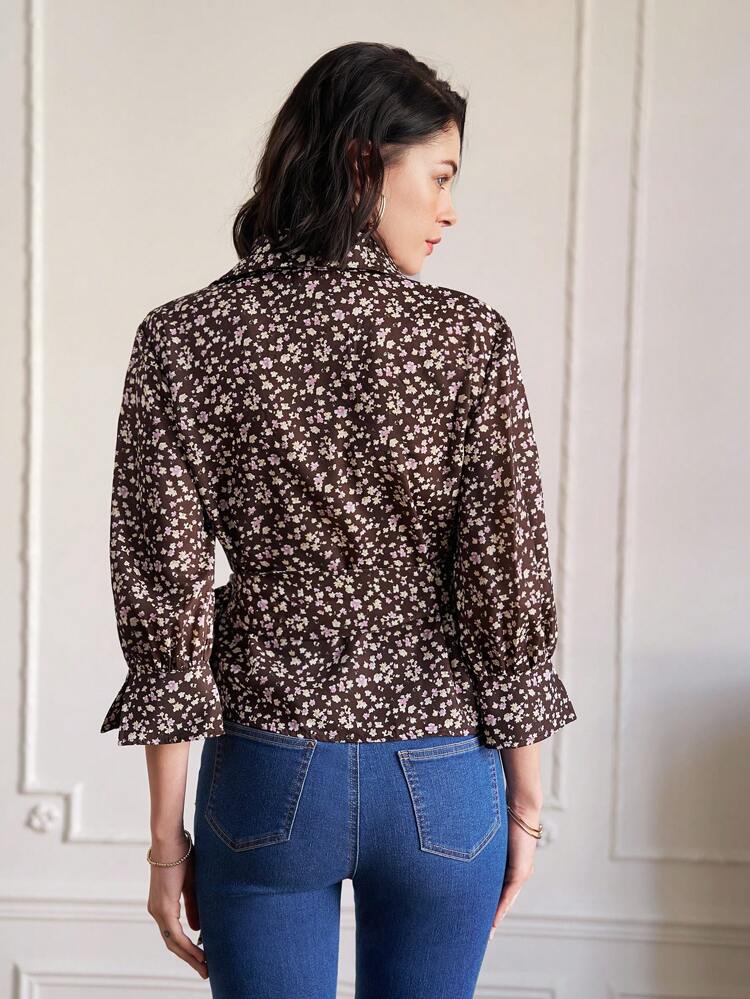 Floral Print Wrap Front Tie Detail Shirt Winter Vacation Flower