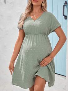 SHEIN Maternity Swiss Polka Dot Batwing Sleeves Belted Dress - Green - View 5
