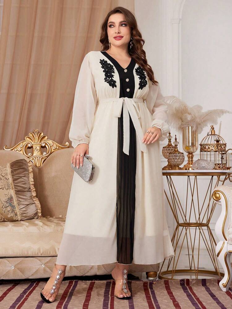 Fashionable Color Block V-Neck Lantern Sleeve Long Dress Long Evening Dresses