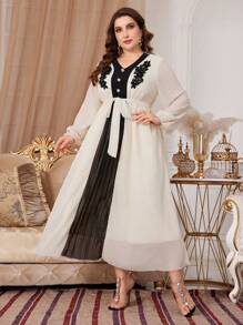 Modelyn Fashionable Color Block V-Neck Lantern Sleeve Long Dress Long Evening Dresses - Apricot - View 4