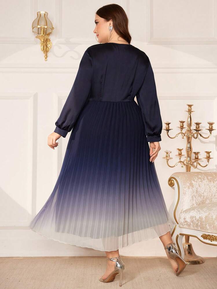 Plus Size V-Neck Long Sleeve Ombre Color Pleated Hem Dress