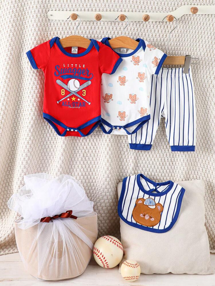 Newborn Baby Boy Letter & Cartoon Print Short Sleeve Bodysuit Boxed Gift Set