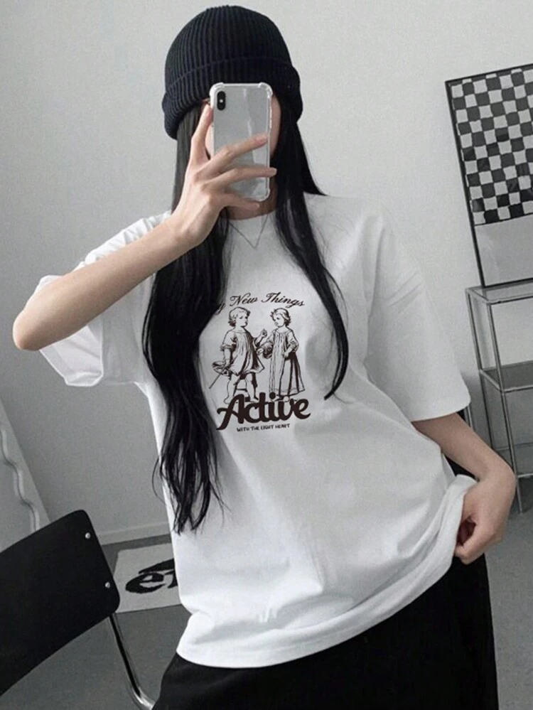 Round Neck Portrait Printed Drop Shoulder T-Shirt
