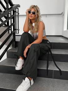 Street Vibes 90s Flap Pocket Drawstring Hem Cargo Parachute Trousers - Black - View 5