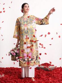 Divindia Loose Split Kurta With Stand Collar, Printed Style Indian - Multicolor - View 5