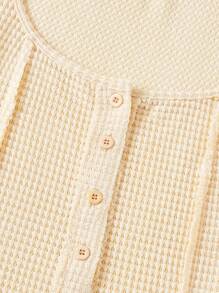 Dreamara Plus Size Women's Big Scoop Neck Buttoned T-Shirt - Apricot - View 3