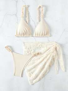 Swim Mod Conjunto de bikini de mujer con encaje bordado y tirantes de espagueti, conjunto de bikini, traje de baño de playa, traje de baño para festival de música de verano, playa de verano
