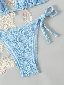 SHEIN Swim 女士花紋紋路荷葉領比基尼套裝 - 藍色 - 查看 4
