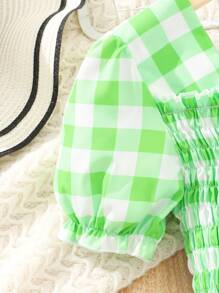 Blusa Para Adolescente Menina, Camisa Verde Xadrez Com Manga Curta Puff E Cintura Elástica Para O Verão