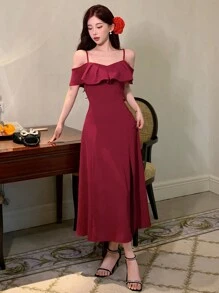 DAZY 露肩荷叶边开衩连衣裙 舞会礼服 吊带裙 红色女装 优雅女装