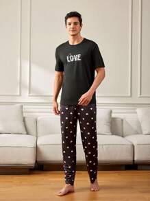 Set de pijamale cu imprimeu inimă pentru bărbați