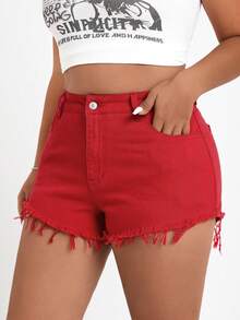 SHEIN EZwear Plus Size Red Stretch Denim Shorts With Fringe Hem - Red - View 6