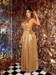 SHEIN SXY Hermoso Vestido Dorado Recubierto De Metal Con Cintura Ajustada Sin Espalda, Abertura Alta En El Muslo, Escote En V Profundo Para Fiesta Formal - Dorado - Ver 3