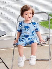 SHEIN 嬰兒男女休閒可愛卡通圖案針織短袖t恤短褲套裝 - 彩色 - 查看 5