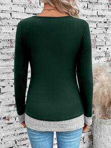 EMERY ROSE Áo thun dài tay 2 trong 1 dành cho nữ, áo thun in hình, áo kiểu nữ cho mùa xuân - Màu xanh lá cây đậm - Xem 2