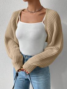 SHEIN EZwear 秋冬女士长袖短款开衫 - 駝色 - 查看 3