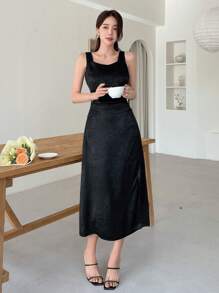 DAZY Của phụ nữ Không tay Người yêu Đường viền cổ áo Đầm - màu đen - Xem 6