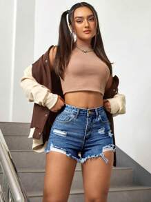 SHEIN EZwear High Waist Ripped Raw Trim Denim Shorts - Dark Wash - View 1