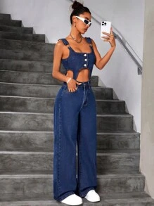 SHEIN ICON 女式中空寬腿牛仔背帶褲 - 藍色 - 查看 5